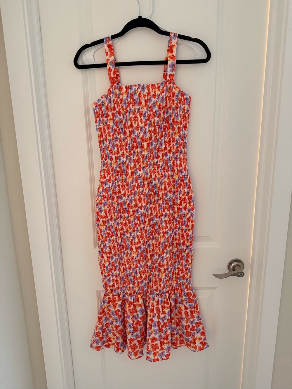 Smocked Floral Midi Dress in Red and Blue